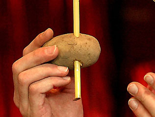 Die Gäste werden aufgefordert, mit einem Strohhalm eine Kartoffel zu durchlöchern. Doch wie kommt der Strohhalm hindurch? Es funktioniert! Denn durch großen Schwung erhält der Strohhalm kurzfristig eine hohe Stabilität.